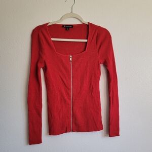 Red Ribbed Zip-Up Sweater